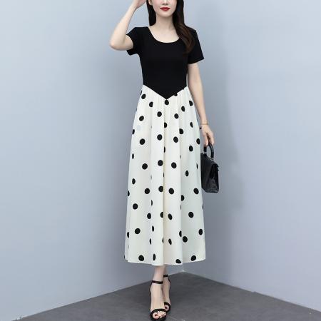 连衣裙夏季新款爆款大码气质显瘦假两件拼接波点长裙子