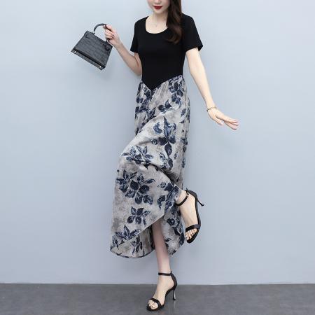 夏季新款装印花连衣裙长款大码胖mm气质收腰显瘦裙子