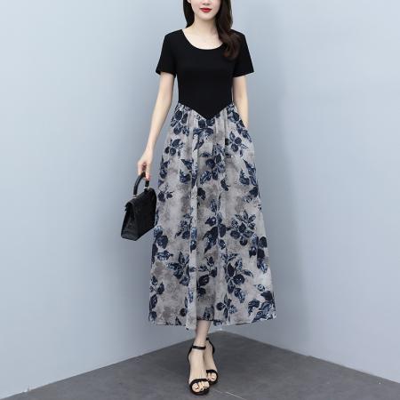 夏季新款装印花连衣裙长款大码胖mm气质收腰显瘦裙子