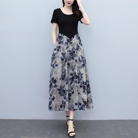 夏季新款装印花连衣裙长款大码胖mm气质收腰显瘦裙子