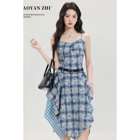 BY16767# 高妍知美式蓝色扎染格子吊带连衣裙女夏季新款气质不规则中长裙子