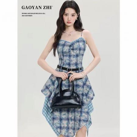 BY16767# 高妍知美式蓝色扎染格子吊带连衣裙女夏季新款气质不规则中长裙子