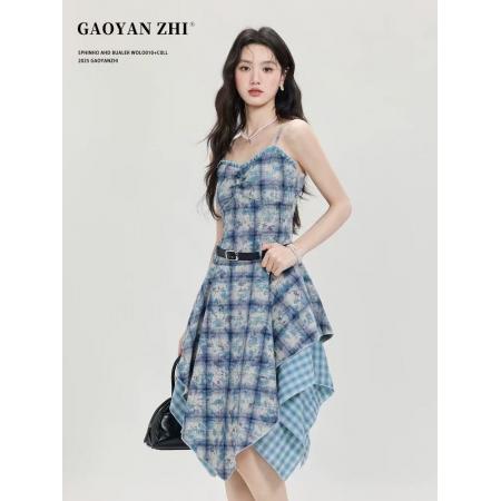 BY16767# 高妍知美式蓝色扎染格子吊带连衣裙女夏季新款气质不规则中长裙子