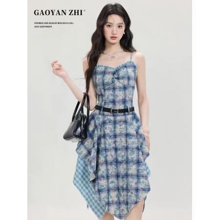 BY16767# 高妍知美式蓝色扎染格子吊带连衣裙女夏季新款气质不规则中长裙子