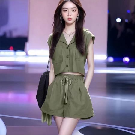 夏季新款盐系小香风时尚套装女显瘦显高上衣小个子短裤两件套