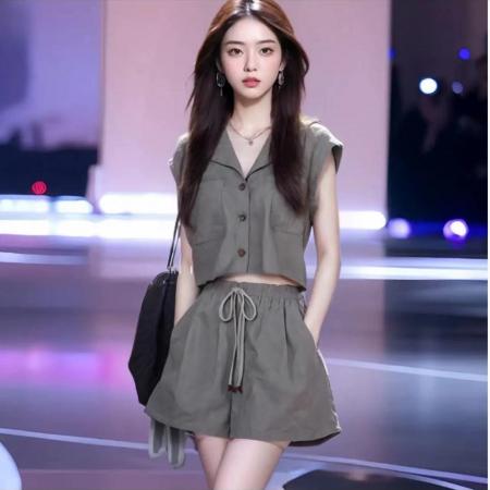 夏季新款盐系小香风时尚套装女显瘦显高上衣小个子短裤两件套