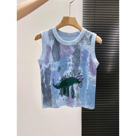 BY16769# 美式复古卡通涂鸦无袖针织背心女夏季新款修身外穿内搭吊带小上衣