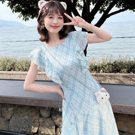 BY16773# 海盐椰椰飞袖荷叶边格纹鱼尾裙女夏收腰系带温柔风长裙