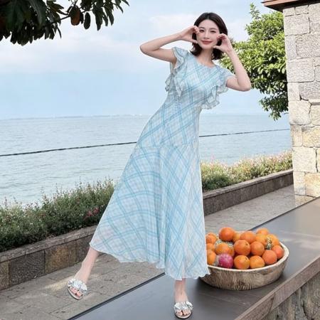 BY16773# 海盐椰椰飞袖荷叶边格纹鱼尾裙女夏收腰系带温柔风长裙