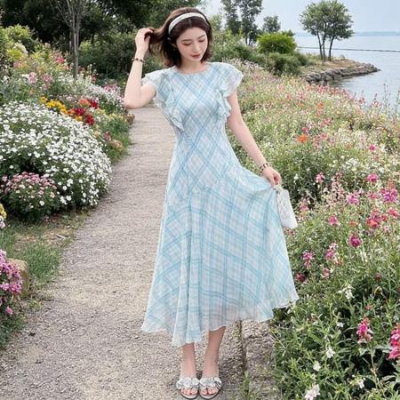 BY16773# 海盐椰椰飞袖荷叶边格纹鱼尾裙女夏收腰系带温柔风长裙