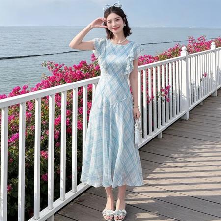 BY16773# 海盐椰椰飞袖荷叶边格纹鱼尾裙女夏收腰系带温柔风长裙