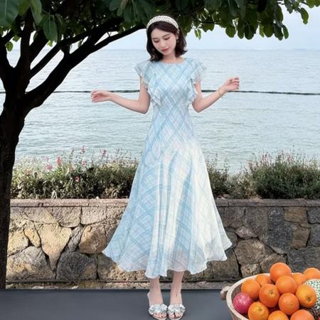 BY16773# 海盐椰椰飞袖荷叶边格纹鱼尾裙女夏收腰系带温柔风长裙