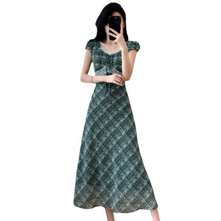 BY16774# 法式茶歇裙小飞袖格子连衣裙女夏季气质蕾丝收腰绿色长裙