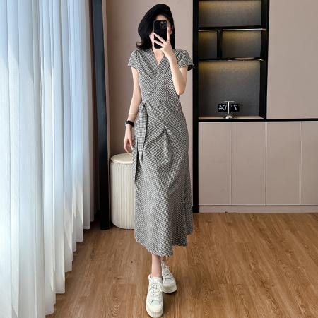 BY16775# 新款格子韩系春夏设计感小个子设计感交叉绑带连衣裙长裙