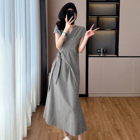 BY16775# 新款格子韩系春夏设计感小个子设计感交叉绑带连衣裙长裙