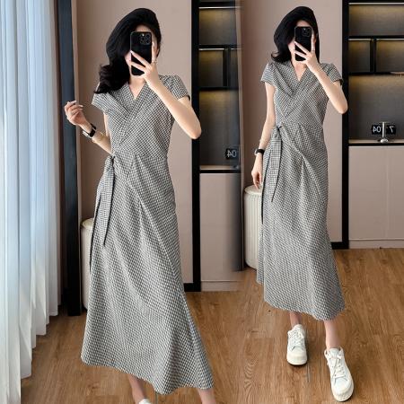 BY16775# 新款格子韩系春夏设计感小个子设计感交叉绑带连衣裙长裙