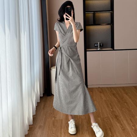 BY16775# 新款格子韩系春夏设计感小个子设计感交叉绑带连衣裙长裙