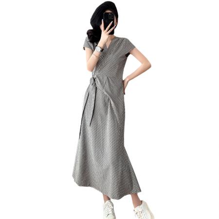 BY16775# 新款格子韩系春夏设计感小个子设计感交叉绑带连衣裙长裙