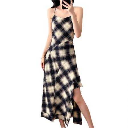 BY16776# 春夏新款不规则设计感法式复古格纹吊带连衣裙绝美裙子