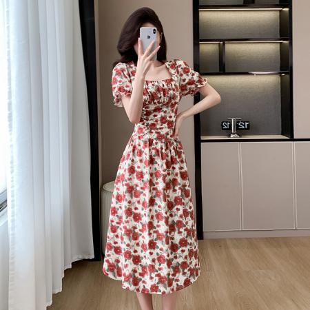 BY16777# 春夏新款山茶花海纯棉气质显瘦收腰复古法式连衣裙中裙