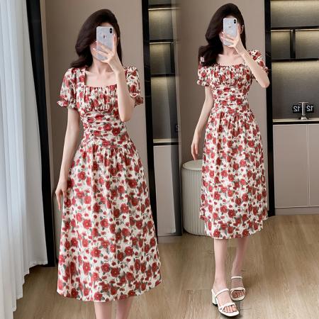 BY16777# 春夏新款山茶花海纯棉气质显瘦收腰复古法式连衣裙中裙