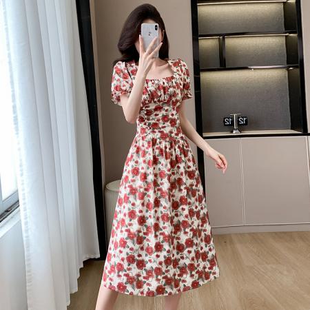 BY16777# 春夏新款山茶花海纯棉气质显瘦收腰复古法式连衣裙中裙