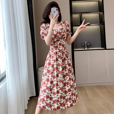 BY16777# 春夏新款山茶花海纯棉气质显瘦收腰复古法式连衣裙中裙