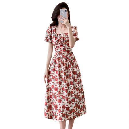 BY16777# 春夏新款山茶花海纯棉气质显瘦收腰复古法式连衣裙中裙