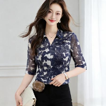 BY16778# 夏季新款V领印花雪纺衫女气质通勤中袖衬衫
