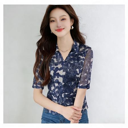 BY16778# 夏季新款V领印花雪纺衫女气质通勤中袖衬衫