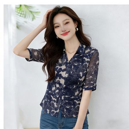 BY16778# 夏季新款V领印花雪纺衫女气质通勤中袖衬衫