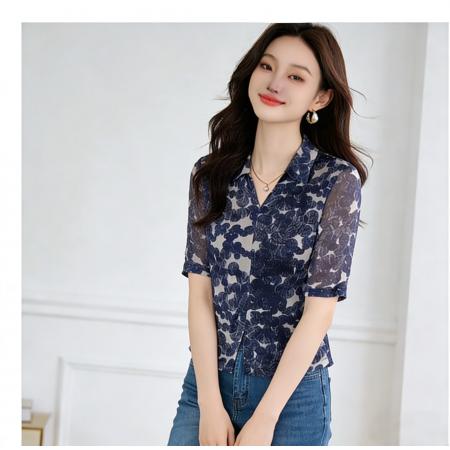 BY16778# 夏季新款V领印花雪纺衫女气质通勤中袖衬衫