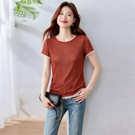 BY16779# 春夏新款修身显瘦假两件花边网纱圆领短袖T恤