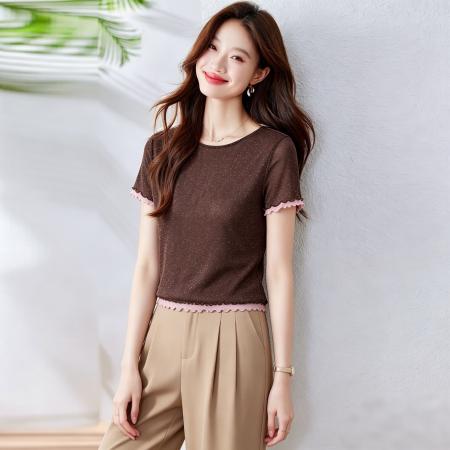 BY16779# 春夏新款修身显瘦假两件花边网纱圆领短袖T恤