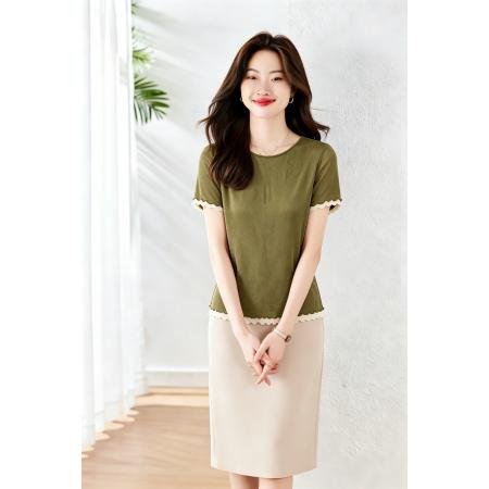 BY16779# 春夏新款修身显瘦假两件花边网纱圆领短袖T恤