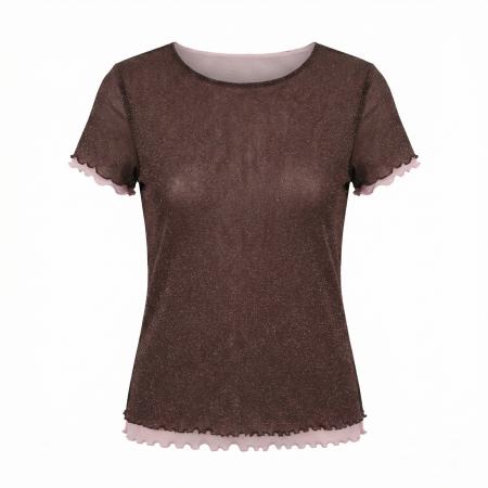 BY16779# 春夏新款修身显瘦假两件花边网纱圆领短袖T恤