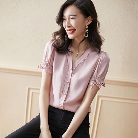 BY16781# 夏季高级感轻奢短袖真丝缎面花边衬衫女优雅寄减龄上衣可开票