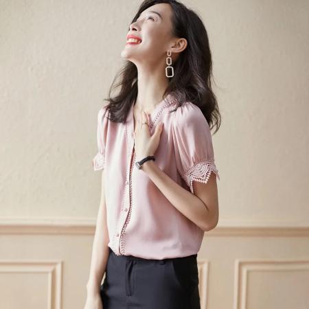 BY16781# 夏季高级感轻奢短袖真丝缎面花边衬衫女优雅寄减龄上衣可开票