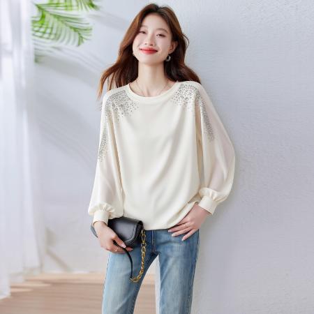 BY16785# 时尚弹力真丝缎面烫钻重工时髦舒适百搭温柔设计时尚通勤上衣