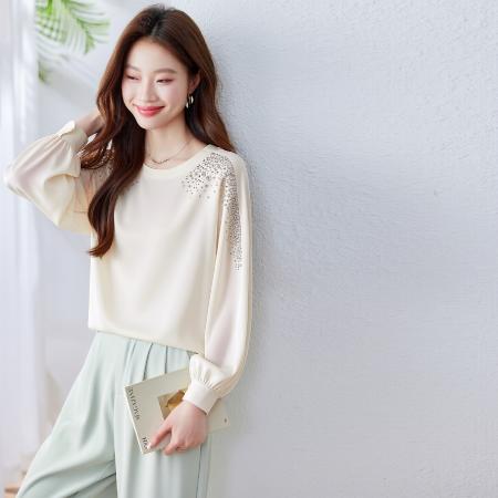 时尚弹力真丝缎面烫钻重工时髦舒适百搭温柔设计时尚通勤上衣