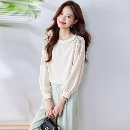 时尚弹力真丝缎面烫钻重工时髦舒适百搭温柔设计时尚通勤上衣