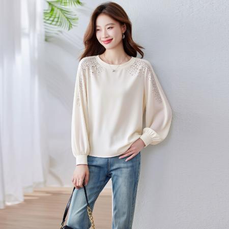 时尚弹力真丝缎面烫钻重工时髦舒适百搭温柔设计时尚通勤上衣