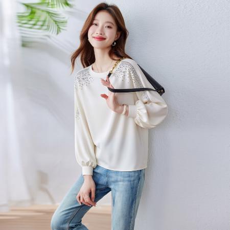 时尚弹力真丝缎面烫钻重工时髦舒适百搭温柔设计时尚通勤上衣