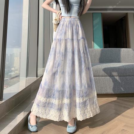 BY16786# 春夏松紧腰垂感中长重工水墨绣花镂空a字半身裙大摆伞裙