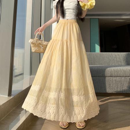 BY16786# 春夏松紧腰垂感中长重工水墨绣花镂空a字半身裙大摆伞裙