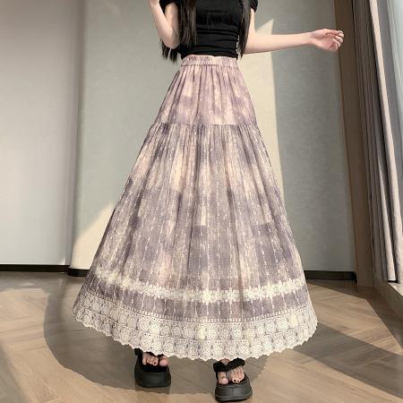 BY16786# 春夏松紧腰垂感中长重工水墨绣花镂空a字半身裙大摆伞裙