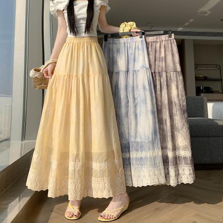 BY16786# 春夏松紧腰垂感中长重工水墨绣花镂空a字半身裙大摆伞裙