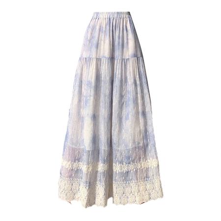 BY16786# 春夏松紧腰垂感中长重工水墨绣花镂空a字半身裙大摆伞裙