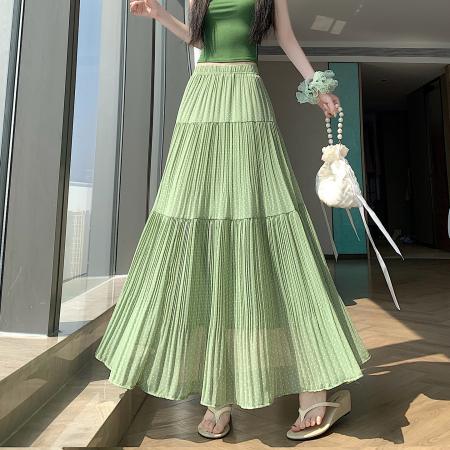 BY16787# 夏温柔风气质重工压褶垂感波点雪纺百褶半身a字裙长裙