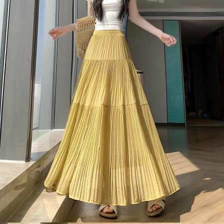 BY16787# 夏温柔风气质重工压褶垂感波点雪纺百褶半身a字裙长裙